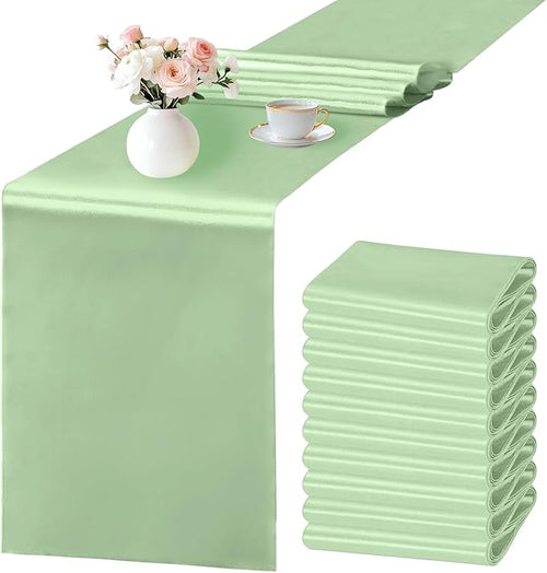10 Pack Sage Green Satin Table Runner 12x108 Inches Long, Bright Silky Smooth by SHEJIZE