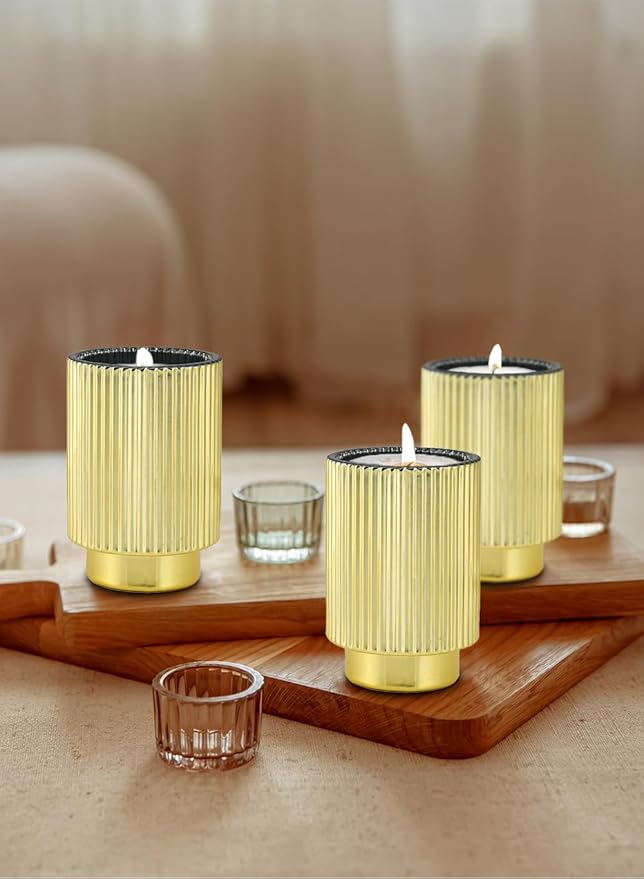 Serene Spaces Living Gold Ribbed Pedestal Glass Votive Holder, Table Centerpiece - Image 4