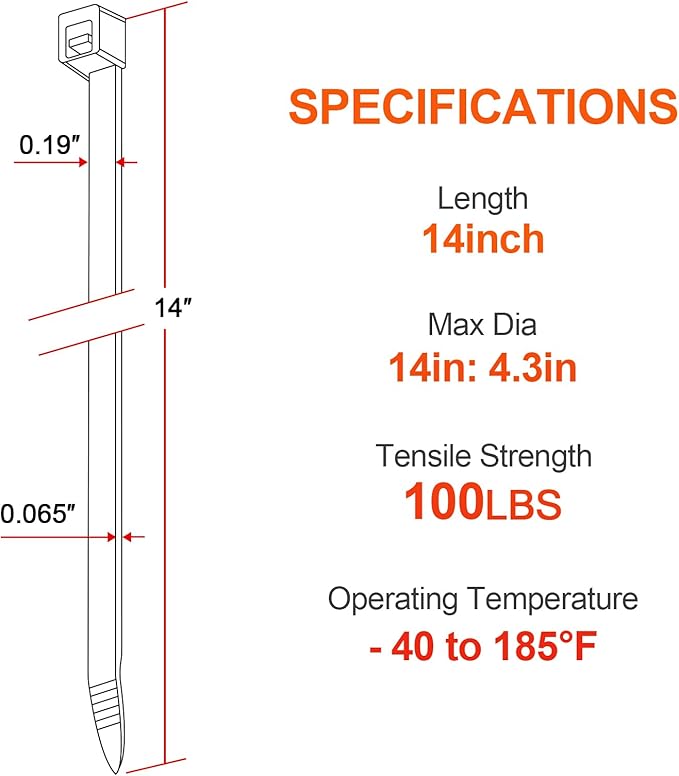 14 Inch Anti Withdrawal Zip Ties 100 LBS Tensile Strength Heavy Duty Cable Wire - Image 3