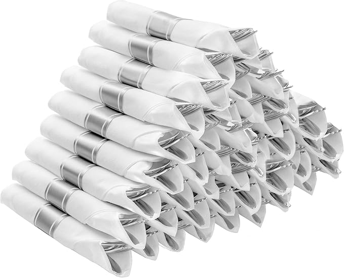 BESTVIP 50 Pack Pre Rolled Silver Plastic Silverware Set, Disposable Wrapped by Bestvip