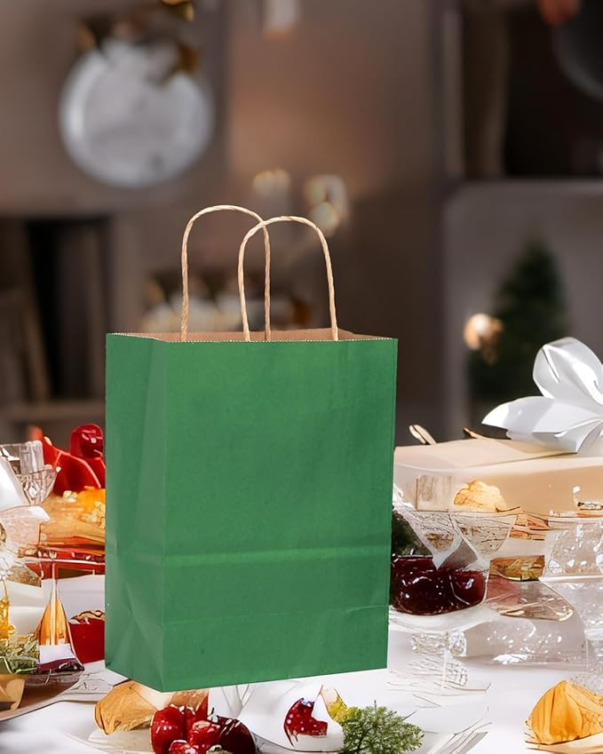 qiqee 50-Packs Gift Bag with Handles Bulk Kraft Deep Green Paper Bags Multiple - Image 5
