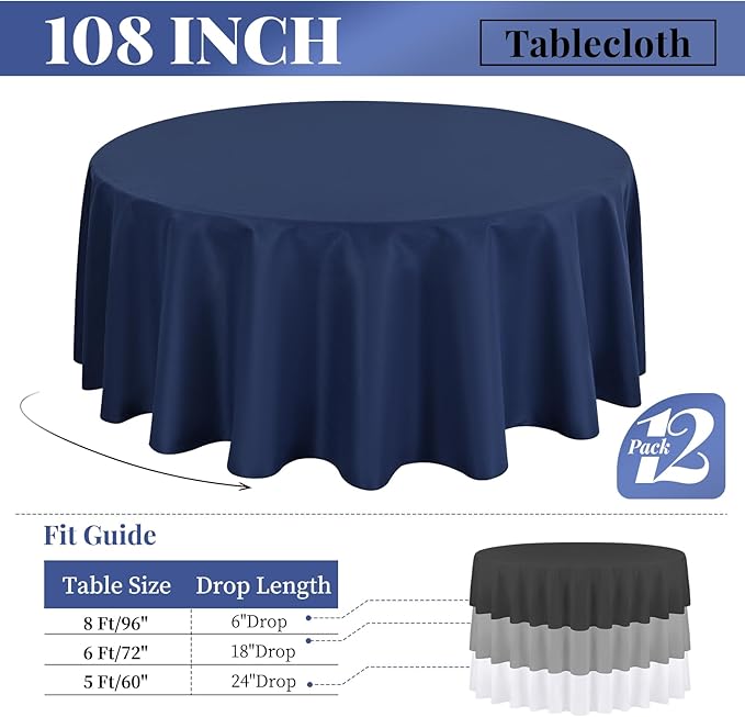 12 Pack 108 Inch Round Tablecloth, Fabric Washable TableCover - Image 3