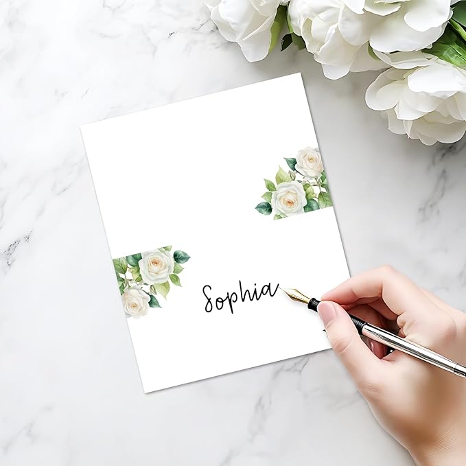 25 Pack White Flower Place Cards, Editable Name Cards - Image 3