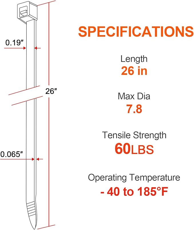 26 Inch White Long Zip Ties, 60 LBS Tensile Strength Heavy Duty Large Cable - Image 2
