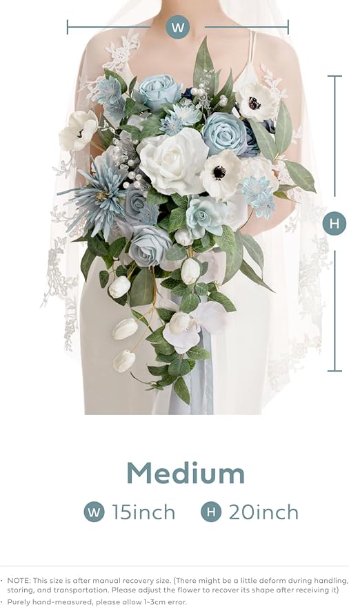 Ling's moment Dusty Blue Bridal Bouquet Cascading, Wedding Bouquets - Image 8