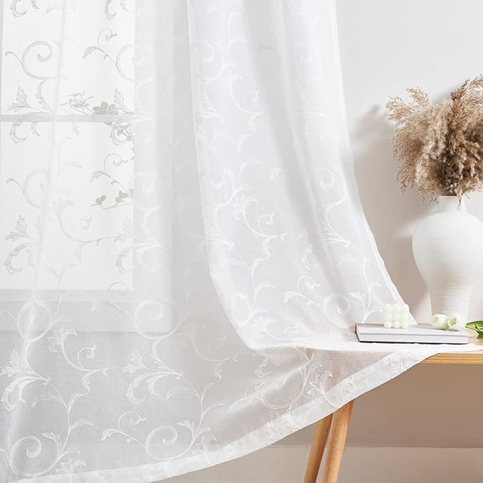 Sheer Curtains White 63 Inch Embroidered Floral, Rod Pocket Voile Drapes by MYSTIC-HOME