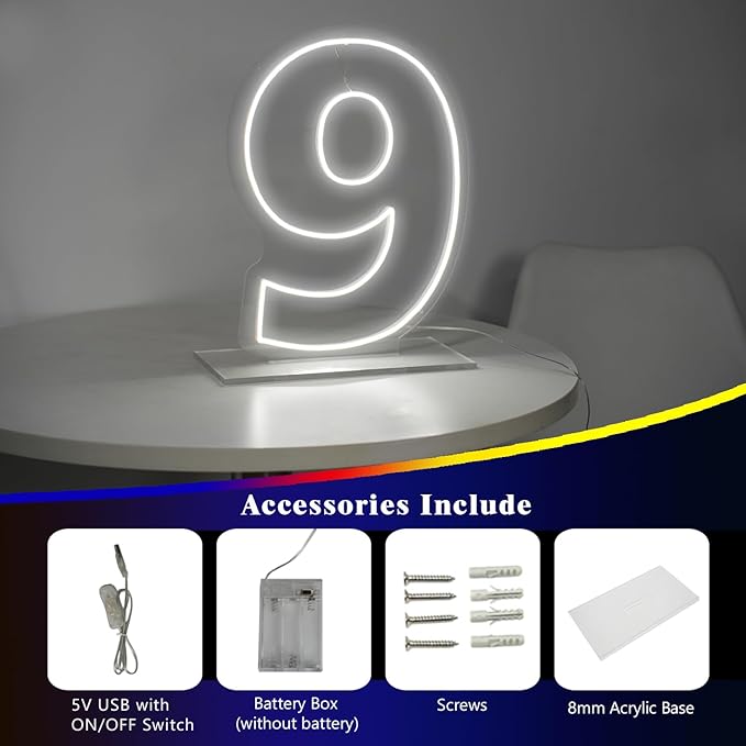 Number 9 Neon Sign for First Birthday, 16.54" Cool White USB Battery Powered - Image 5