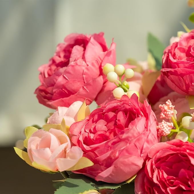 Artificial Peonies Silk Flowers in Glass Vase Faux Flowers Bouquets Modern - Image 3
