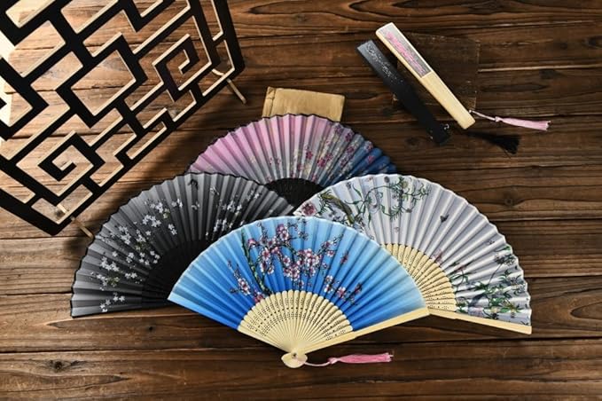 HUNANBANG 4 Pieces Oriental Bamboo Folding Hand Fans Church Wedding Gift - Image 4
