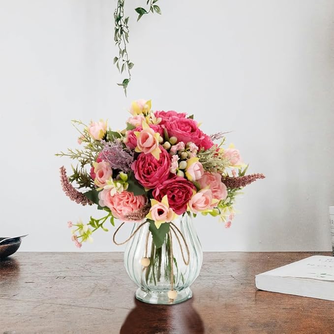 Artificial Peonies Silk Flowers Bouquet in Glass Vase Faux Flowers Bouquets - Image 7