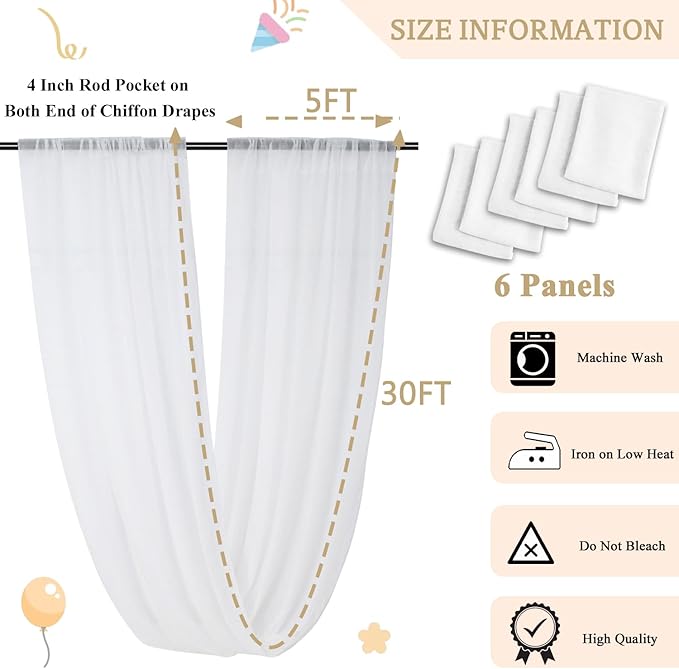MODFUNS Ceiling Drapes for Parties White Sheer Chiffon Curtains 5x30FT 6 Panels - Image 3