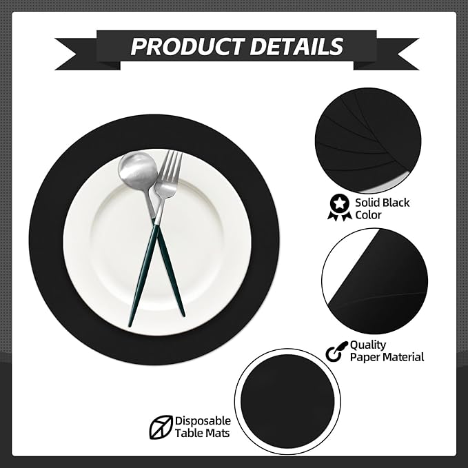 50 Black Paper Place Mats Black Round Disposable Table Mats Decorative Placemats - Image 4