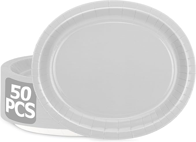 QZYL 50 Count Large Silver Oval Paper Plates, 12.2'' X 10.2'' by QZYL