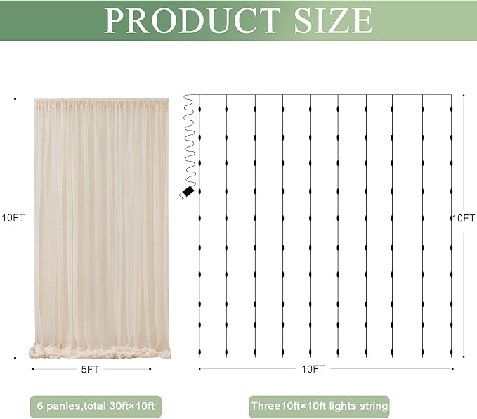 Tulle Backdrop Curtain with Lights String 30 X 10FT Champagne Sheer Tulle - Image 2