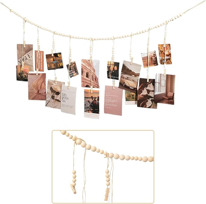 Hanging Photo Display with 18 Wood Clips, Boho Wooden Bead Wall Décor - Image 5