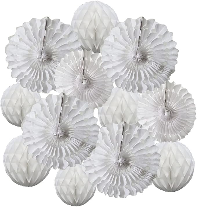 12pcs White Honeycomb Balls Tissue Paper Fans Party Honeycomb Ball Fans wall by Yangeey