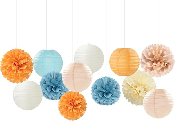 Dusty-Blue Orange Party-Decorations Paper-Flowers Lanterns - Image 7
