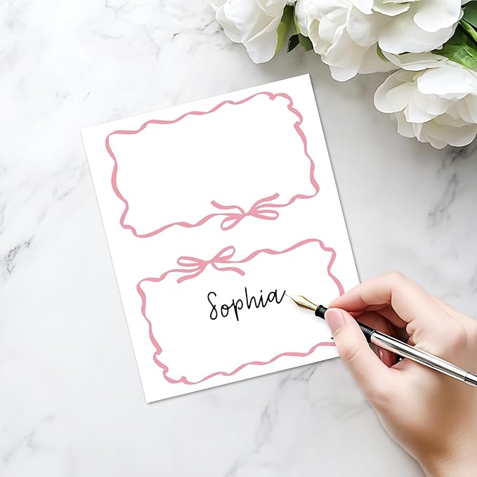 25 Pack Pink Bow Wave Place Cards, Editable Name Cards - Image 3