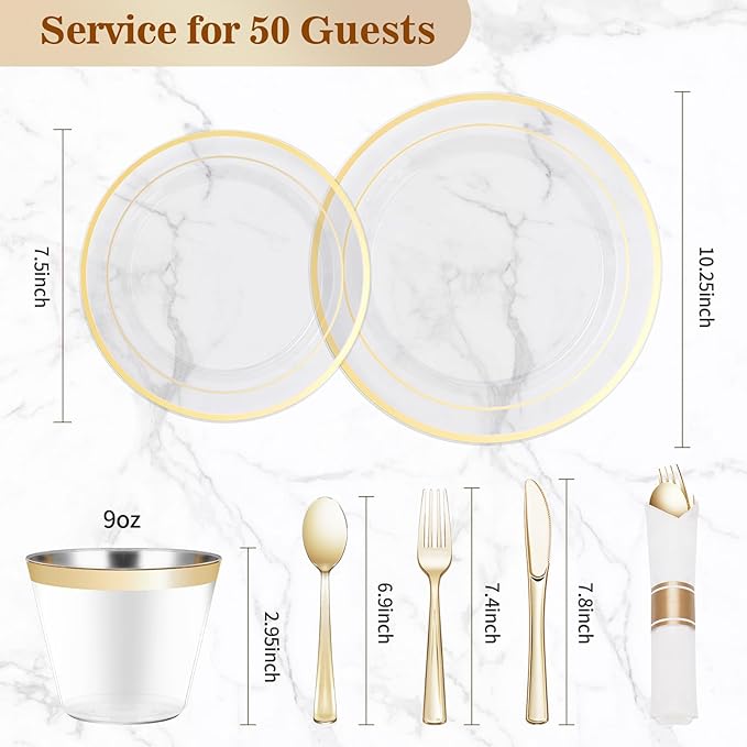 BESTVIP 350PCS Clear Gold Plastic Dinnerware Set - Image 4