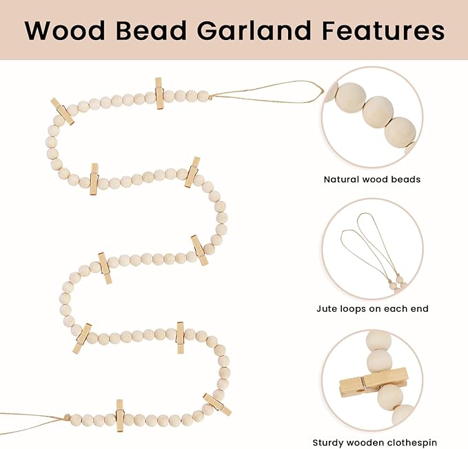 Hanging Photo Display with Clips, Boho Wooden Bead Garland Collage Picture - Image 4