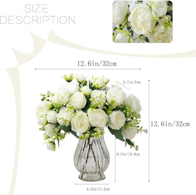 Artificial Peonies Silk Flowers in Glass Vase Faux Flowers Bouquets Modern - Image 3