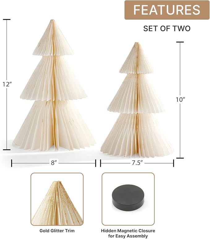 LampLust White Honeycomb Paper Trees, 2 Pack, 10 & 12 Inch, Winter Ornaments - Image 2