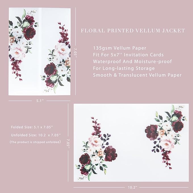 PONATIA 50 PCS Vellum Jackets for 5x7 Invitations- 135gsm Burgundy Floral - Image 4