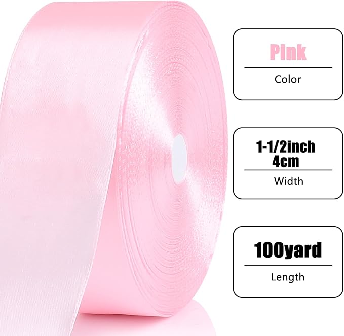 NESCCI 100 Yards Ribbon, 1-1/2 Inch Pink Satin Ribbon, Single Face Satin Ribbons - Image 2