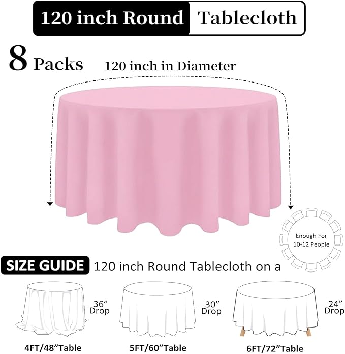 8 Pack Pink Round Tablecloth 120 Inch Stain and Wrinkle Resistant Round Pink - Image 2