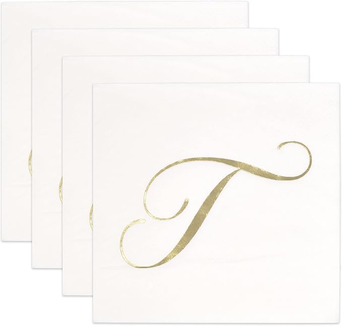 Gift Boutique 100 Gold Monogram Cocktail Napkins Letter T Disposable Paper Pack - Image 7