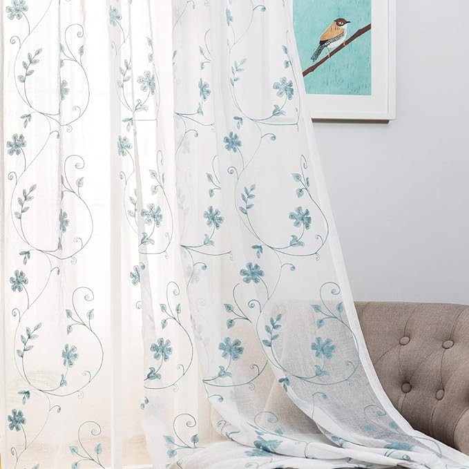 Blue Sheer Curtains 84 Inches Long, Floral Embroidered Rod Pocket Sheer Drapes by MYSTIC-HOME