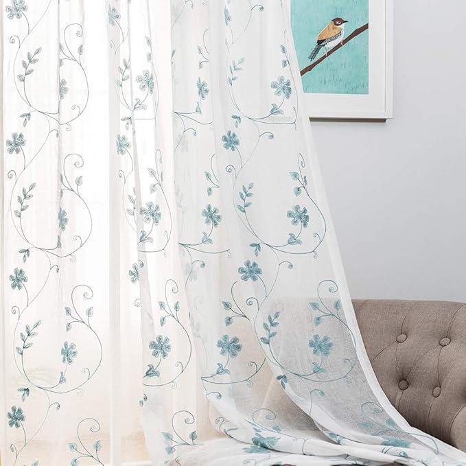 Floral Embroidery Sheer Curtains Blue 63 Inches, Rod Pocket Voile Drapes by MYSTIC-HOME