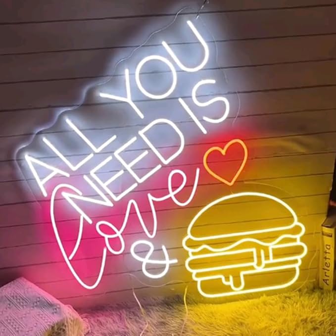 All You Need Is Love & Burger Custom Hamburger Fast Food LED Neon Sign Night - Image 2