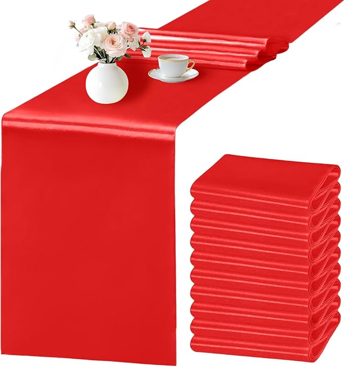 SHEJIZE 10 Pack Red Satin Table Runner 12x108 Inches Long, Bright Silky Smooth by SHEJIZE