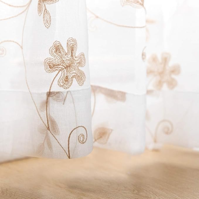 Floral Embroidery Sheer Curtains Beige 95 Inch Length, Rod Pocket Voile Drapes - Image 5