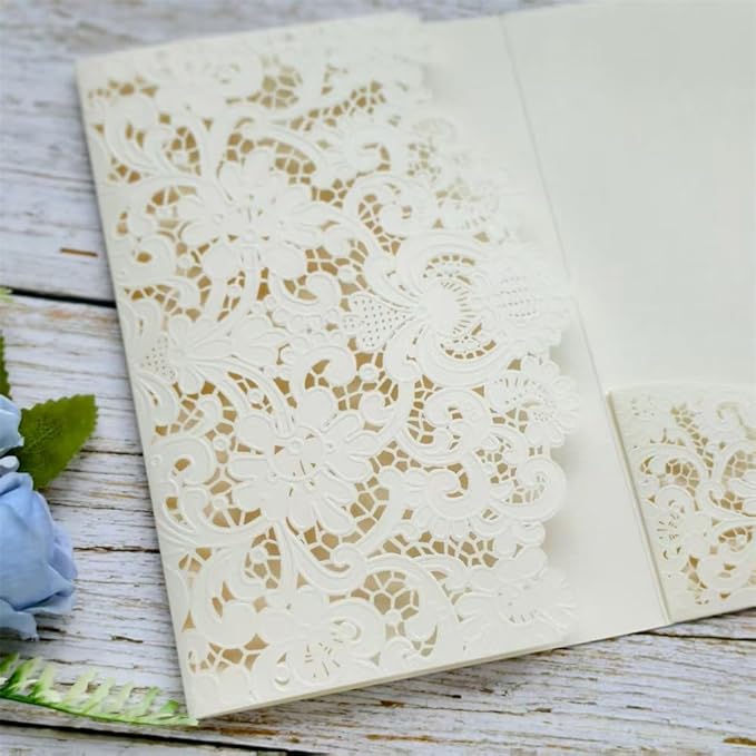 MillaSaw Ivory Embossed Laser Cut Invitation Pocket Envelope, Floral Engraved - Image 4