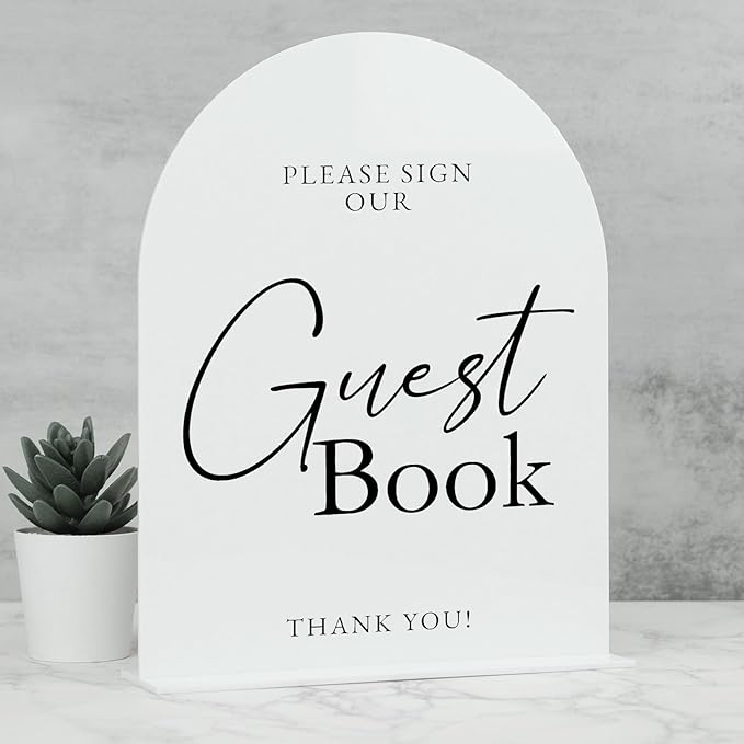 White Arch Acrylic Wedding Sign- 8"x10" Guest Book Sign and Base, 1/8" Thick | by JINMURY