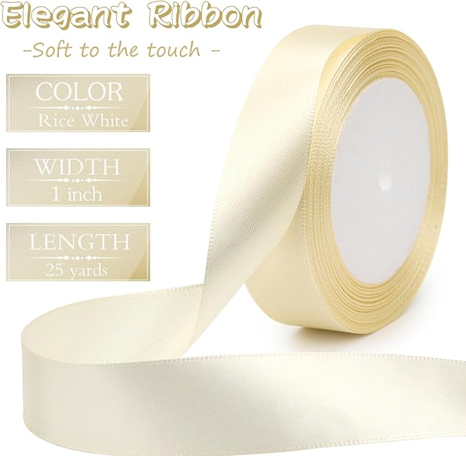 Rice White Solid Satin Ribbon 1 Inch 25 Yards Solid Polyester Fabric Ribbon - Image 2