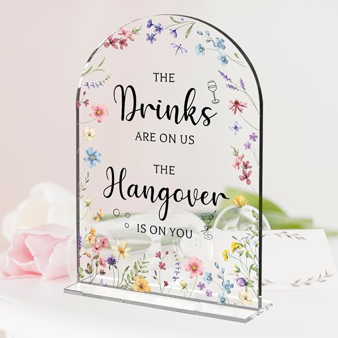 Wedding Sign Decor, The Drinks Are on Us Sign, 5x7 Inch Arch Acrylic. Wedding - Image 4