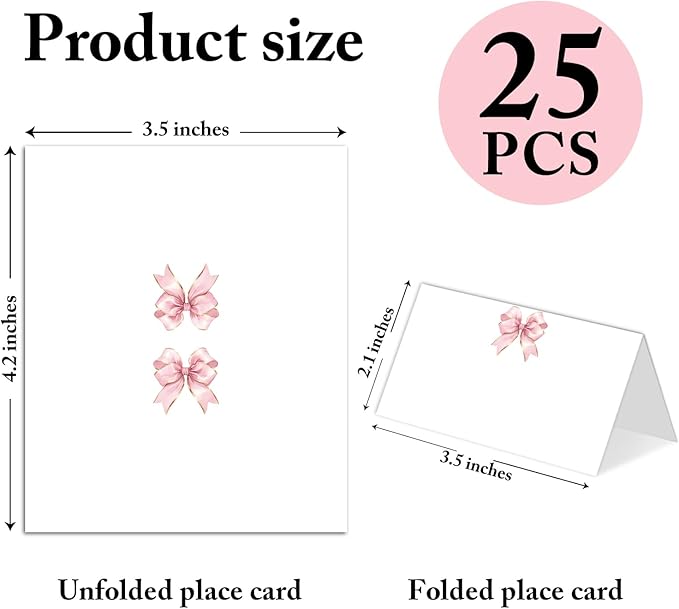 25 Pack Pink Bow Place Cards, Editable Name Cards - Image 2