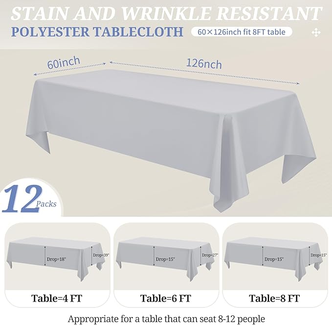 12 Pack Light Grey Tablecloths for Rectangle Tables 60 x 126 Inch Polyester - Image 2