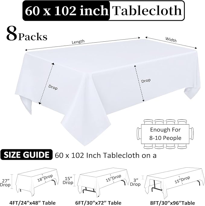 8 Pack White Table Cloth 60 x 102 Inch Rectangular Tablecloths - Image 2