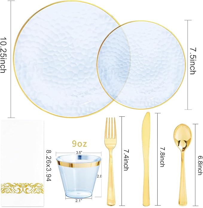Rubtlamp 350 Pcs Clear Blue Plastic Plates, Hammered Party Plates Set - Image 2