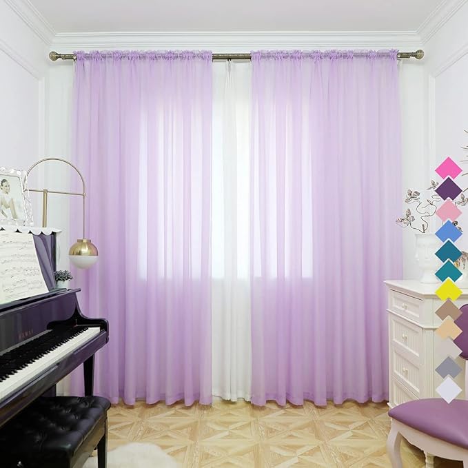 Window Purple Sheer Curtains 95 Inches Long 2 Panels Basic Rod Pocket Panel - Image 2