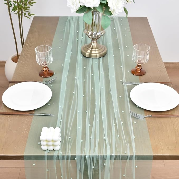 Joanlody Fall Pearl Table Runner 10ft Rustic Boho Tulle Table Runner - Image 3