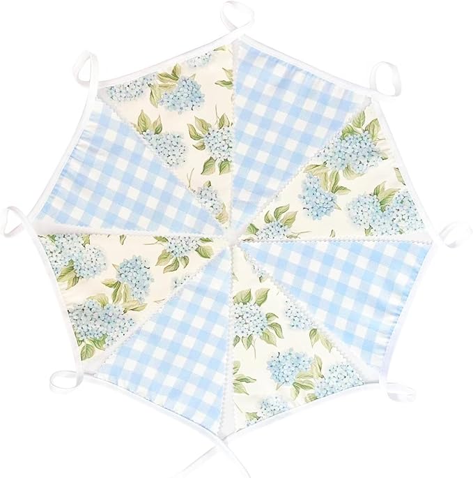 32Ft Blue Flora Party Decorations Blue Gingham HydrangeaTriangle Flag Fabric - Image 6