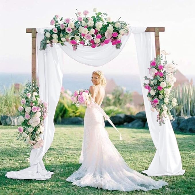 White Wedding Arch Draping Fabric 20Ft Long Chiffon Fabric Drapes 2 Panels - Image 2