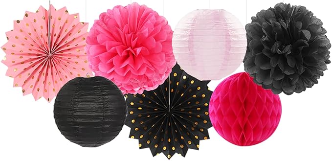 Hot-Pink Black Birthday Party-Decorations Streamers Lanterns - Image 4