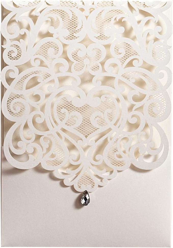 Hosmsua 50PCS White Wedding Invitations Kit 5 x 7.3 Inch Laser Cut Hollow Rose by Hosmsua