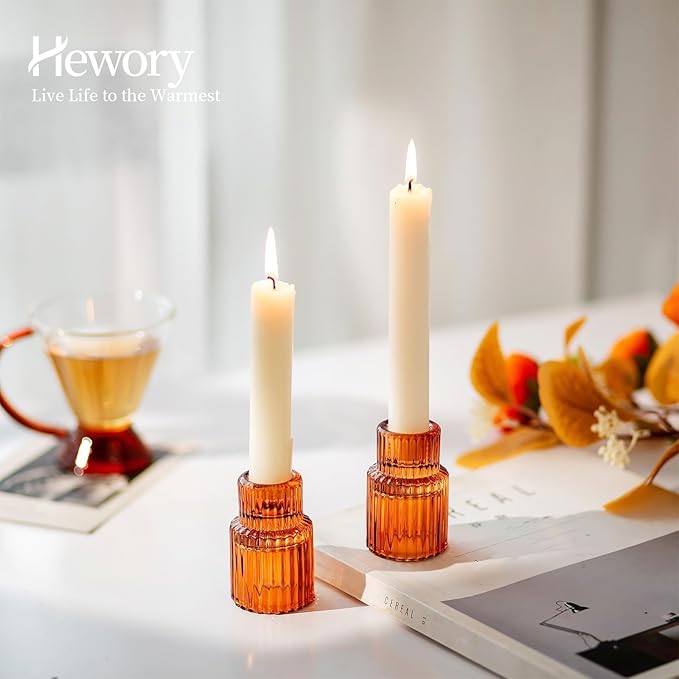 Hewory Glass Taper Candle Holders: 10 PCS Amber Elegant Candle Holder - Image 4